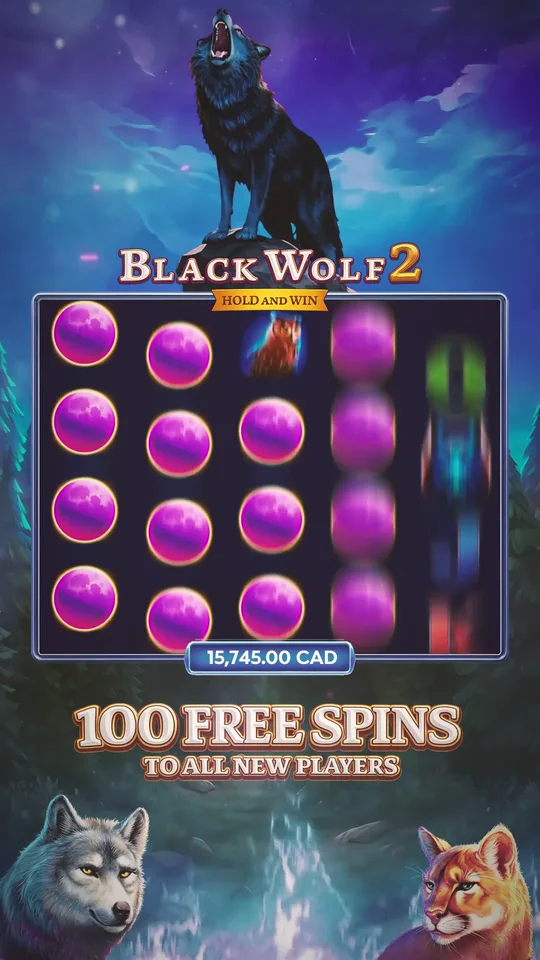 Vertical Black Wolf 2 video creative with a wolf, bonus reels and a win.