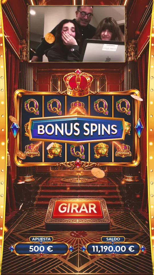 Vertical casino creative with gold reels, a crown and a UGC reaction.