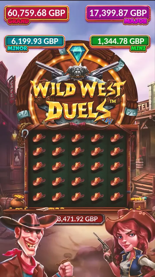 Vertical Wild West Duel video creative with Wild West characters, reels and a bonus wheel.